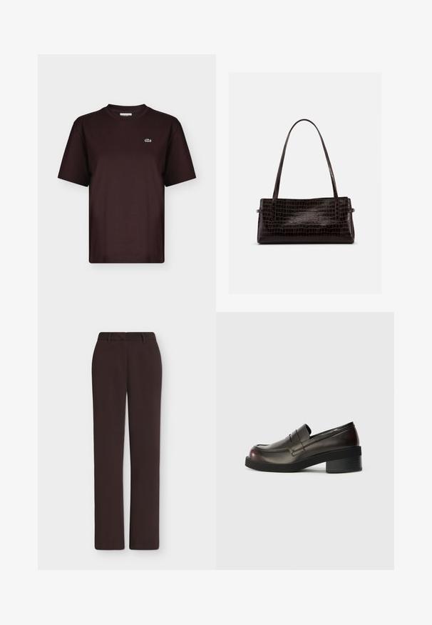 T-shirt marron foncé à manches courtes et col rond avec un petit logo crocodile vert et blanc sur la poitrine gauche.; Pantalon droit marron foncé avec passants de ceinture, braguette devant et poches latérales, présenté sur un fond blanc uni.; Mocassins en cuir marron foncé avec un bout arrondi, des détails cousus et un talon bloc modéré. Texture lisse, design minimaliste.; Sac à main rectangulaire marron foncé avec texture crocodile embossée et deux fines bretelles contre un fond uni.