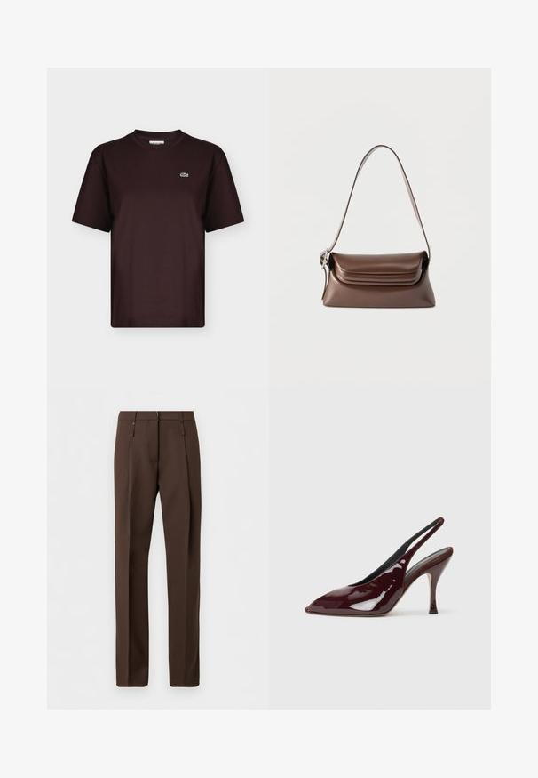T-shirt marron foncé à manches courtes et col rond avec un petit logo crocodile vert et blanc sur la poitrine gauche.; Pantalon marron sur mesure à jambes droites, doté de passants pour ceinture et de plis sur le devant, présenté sur un fond blanc uni.; NEOUS HAMAL - Escarpins à talons hauts - dark chocolate; Sac à bandoulière en cuir marron avec une boucle argentée sur la sangle et un rabat à rabat, présenté sur un fond blanc.
