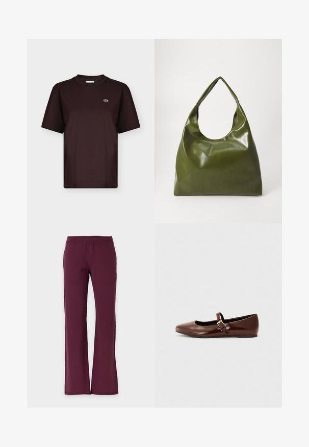 T-shirt marron foncé à manches courtes et col rond avec un petit logo crocodile vert et blanc sur la poitrine gauche.; Pantalon droit de couleur bordeaux foncé uni avec une taille élastique, en tissu doux.; Ballerine en cuir verni marron avec un bout carré et une lanière ornée d'une petite boucle dorée. Texture lisse, talon bas et design minimaliste.; Sac hobo en cuir vert au design décontracté, avec une poignée incurvée et une texture lisse. Ne contient aucun matériel ou accent visible.