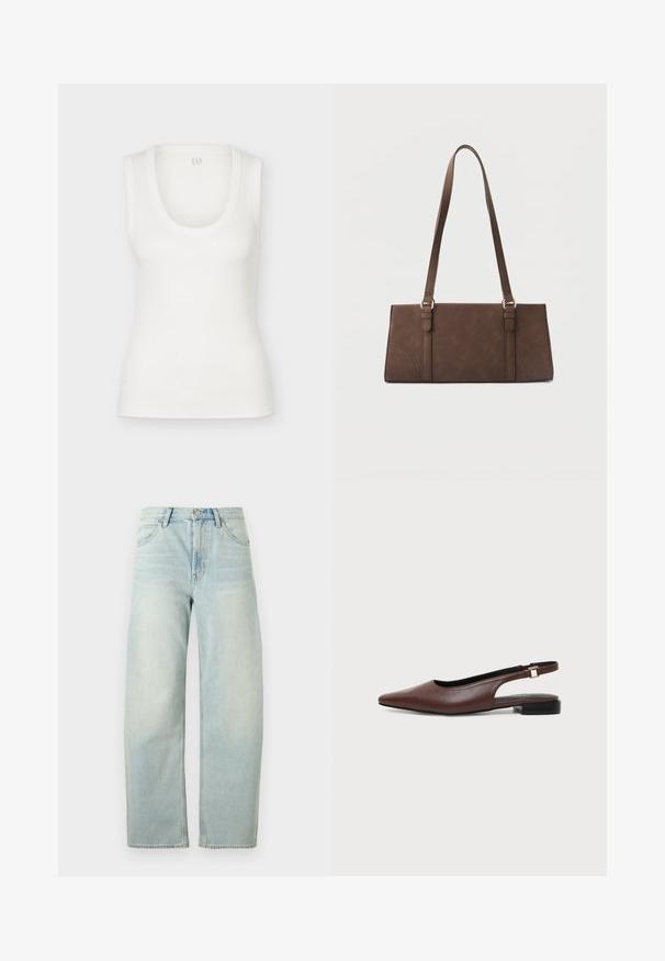 Débardeur blanc côtelé sans manches avec encolure dégagée, présenté à plat sur un fond blanc.; Jean taille haute bleu clair, coupe droite, avec bouton à l'avant et poches, présenté sur un fond blanc uni.; Ballerine à bride arrière en cuir marron à bout pointu avec petit talon noir et boucle dorée sur fond blanc.; Sac à bandoulière rectangulaire marron avec longues sangles et détails de couture minimalistes sur un fond uni.