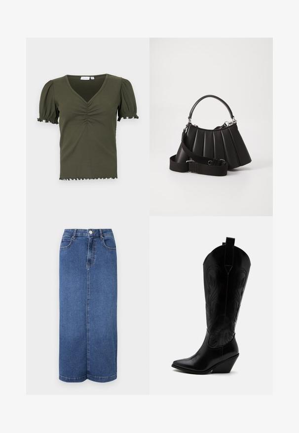 Olijfgroene, geribbelde top met een V-hals, korte pofmouwen en gekreukelde details op de borst. Versleten zoom en mouwranden.; Denim maxi rok in donkerblauw, met een rechte snit, een tailleband met knoopsluiting en minimale stikdetails.; Zwarte leren cowboylaars met puntige neus, schuine blokhak, decoratieve stiksels en aantreklusjes bovenaan tegen een witte achtergrond.; Zwarte geplooide handtas met een ronde handgreep, verstelbare schouderriem en glanzende textuur. Heeft zilveren hardware en een gestructureerde silhoutte.