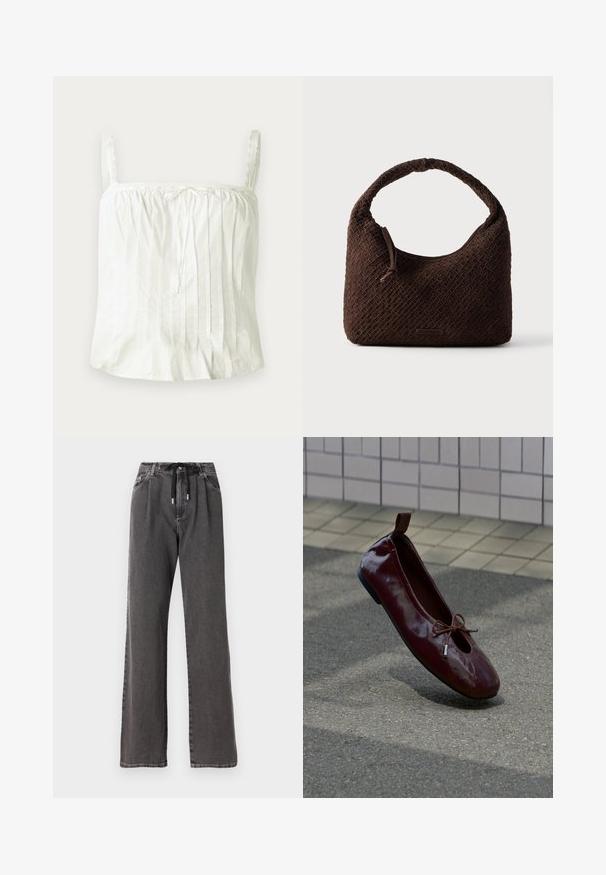 Haut blanc sans manches avec bretelles fines, présentant une texture plissée et des accents en dentelle le long de l'encolure. Tissu en coton léger.; Pantalon large en denim gris avec taille à cordon et poches avant, confectionné en tissu en coton doux et résistant.; Chaussure plate de ballet rouge foncé brillante avec un petit nœud sur le dessus, positionnée debout sur un sol texturé près d'un mur carrelé en arrière-plan.; Sac à main tressé marron avec une poignée arrondie, fabriqué en matériau texturé. Dispose d'une fermeture éclair et d'un petit logo en accent.