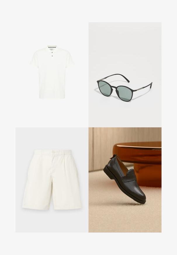 Polo shirt blanc en coton, avec un col classique, des manches courtes et une patte de boutonnage à trois boutons avec des boutons bleu marine.; Shorts en coton blanc à coupe droite, avec une fermeture à bouton et des poches latérales. Texture lisse et sans motifs visibles.; Mocassin en cuir noir à talon bas flottant au-dessus d'un tapis beige, à côté d'une table brillante couleur ambre dans une pièce minimaliste.; Lunettes de soleil noires avec des verres verts, de forme notably arrondie en œil de chat. Monture noire fine avec des accents métalliques sur les branches.
