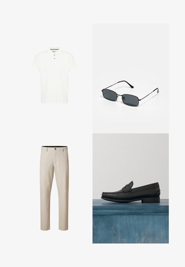 Camiseta polo blanca de algodón, con un cuello clásico, mangas cortas y una tapeta de tres botones con botones azul oscuro.; Pantalones beige de corte recto con trabillas para cinturón y un botón marrón en la cintura, cierre delantero con cremallera y sin bolsillos visibles.; Mocasines de cuero negro con punta redonda, costuras detalladas y un tacón cuadrado bajo. Textura suave y diseño minimalista.; Gafas de sol rectangulares negras con marco delgado de metal y lentes oscuros apoyadas sobre una superficie blanca.