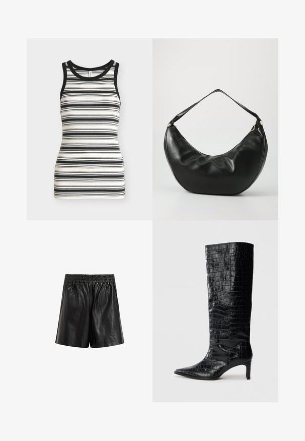 Débardeur en maille côtelée sans manches avec des rayures horizontales noires et blanches et une bordure noire autour des emmanchures et du col.; Shorts en cuir noir avec une taille élastique, présentant une texture lisse, des jambes larges et sans poches ni embellissements visibles.; Bottes noires montantes, avec une texture brillante à motif crocodile, bout pointu et talon effilé. Matériau synthétique lisse.; Sac à épaule en cuir noir, de forme courbée, avec une texture douce et une seule sangle; il comporte une fermeture éclair dorée et un logo discret.