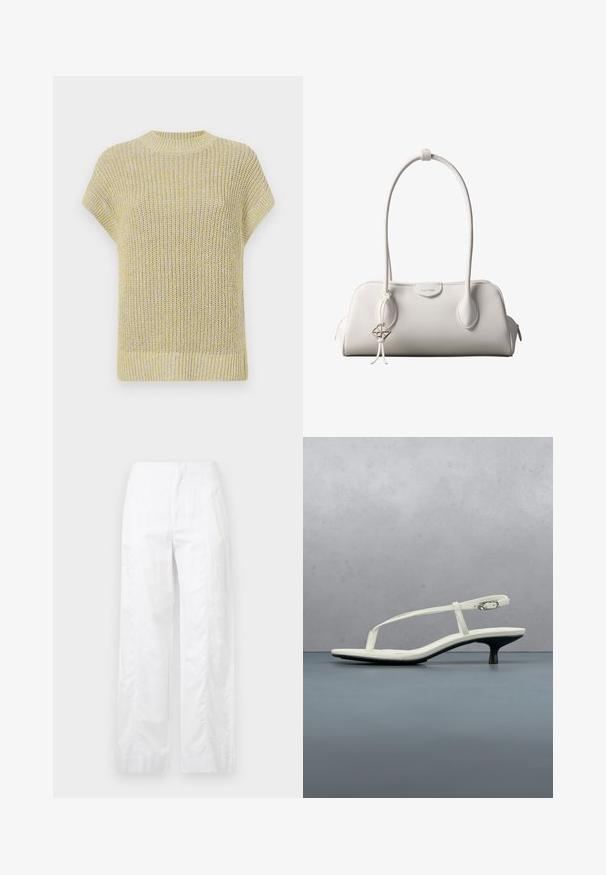 Top de punto de manga corta en amarillo claro con sutiles motas grises. Presenta un cuello redondo acanalado y una tela texturada con un ajuste holgado.; Pantalones de pierna ancha blancos, confeccionados en tejido ligero, con una textura suave, líneas limpias y un diseño de cintura alta.; Sandalia blanca de tacón kitten con tiras y punta afilada, flotando sobre un suelo de baldosas de madera al aire libre, con un fondo desenfocado de plantas y pared.; Bolso de hombro blanco de Calvin Klein con asas largas, forma rectangular, cierre de cremallera y charm decorativo con el logo colgando cerca del asa.