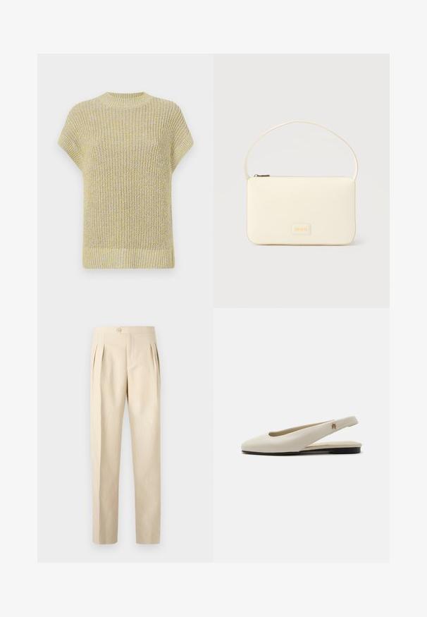 Top de punto de manga corta en amarillo claro con sutiles motas grises. Presenta un cuello redondo acanalado y una tela texturada con un ajuste holgado.; Pantalones de talle alto en color beige con pliegues frontales, cierre de un solo botón y diseño de pierna recta. Fabricados con una tela Texturada y tejida.; Zapato plano slingback de cuero color crema con puntera redondeada y pequeño emblema dorado en la correa.; Bolso rectangular color crema con una sola correa y cremallera superior, con una pequeña placa de logotipo en relieve en el frente.
