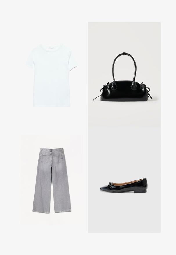 T-shirt blanc uni en coton à manches courtes, col rond, présenté à plat sur un fond blanc, sans motifs ni logos visibles.; Jean large gris à taille haute, avec une texture lisse, deux poches arrière et des détails de couture subtils.; Ballerines en cuir verni noir avec un bout pointu, un petit nœud à l'avant et un petit talon carré. Texture lisse et brillante.; Petit sac à main noir brillant avec deux longues anses et des détails à cordon sur les côtés sur un fond clair uni.