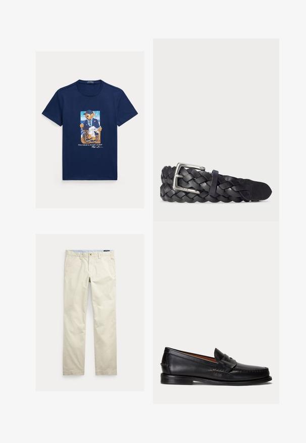 T-shirt bleu marine avec un motif représentant un ours vêtu d’une veste rayée, d’un pantalon blanc et d’une casquette, assis sur une chaise sur le pont d’un bateau.; Pantalon beige en coton coupe droite avec passants pour ceinture, bouton devant, fermeture éclair et poches latérales.; Mocassin en cuir noir avec un petit talon et une bride penny, vu de côté sur un fond gris clair.; Ceinture en cuir noir tressé avec une boucle en métal argenté, présentant une texture lisse et une boucle pour les ajustements, affichant un design décontracté.