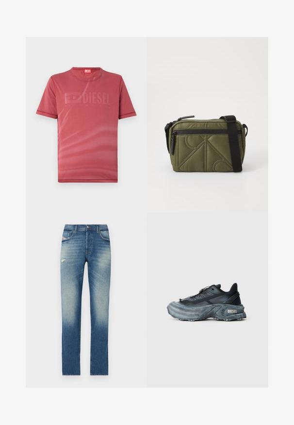 Camiseta corta roja de manga corta hecha de una tela suave que presenta un sutil logotipo "DIESEL" en relieve en el frente. Escote redondo y dobladillos cosidos.; Jeans de denim azul con un diseño de pierna recta, que presentan un ligero desvanecimiento, un pequeño detalle desgastado en la parte frontal y un estilo estándar de cinco bolsillos.; Zapatilla Diesel en negro y gris con suela gruesa, cierre de cordón y diseño texturizado sobre un fondo liso de color gris claro.; Bolso de tela acolchada de color verde olivo con una correa negra, que cuenta con un cierre superior de cremallera y un bolsillo exterior con cremallera adornado con patrones geométricos.