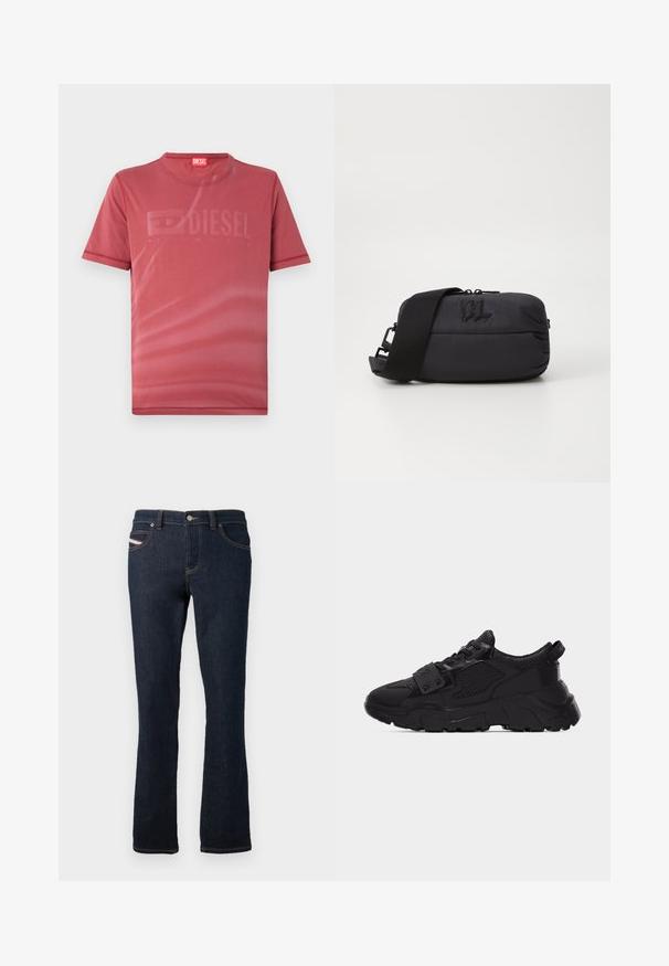 Camiseta corta roja de manga corta hecha de una tela suave que presenta un sutil logotipo "DIESEL" en relieve en el frente. Escote redondo y dobladillos cosidos.; Jeans de mezclilla azul marino con corte recto, con costuras naranjas, cierre de botón metálico y un pequeño logo en el bolsillo trasero.; Zapatilla deportiva negra de suela gruesa con paneles de malla y cuero, suela gruesa y texturizada, cierre de cordones y una correa con tachuelas metálicas sobre los cordones.; Bolsa cruzada de nylon negro con una textura suave, cierre de cremallera, correa ajustable y detalle de logo embossado en la parte frontal.