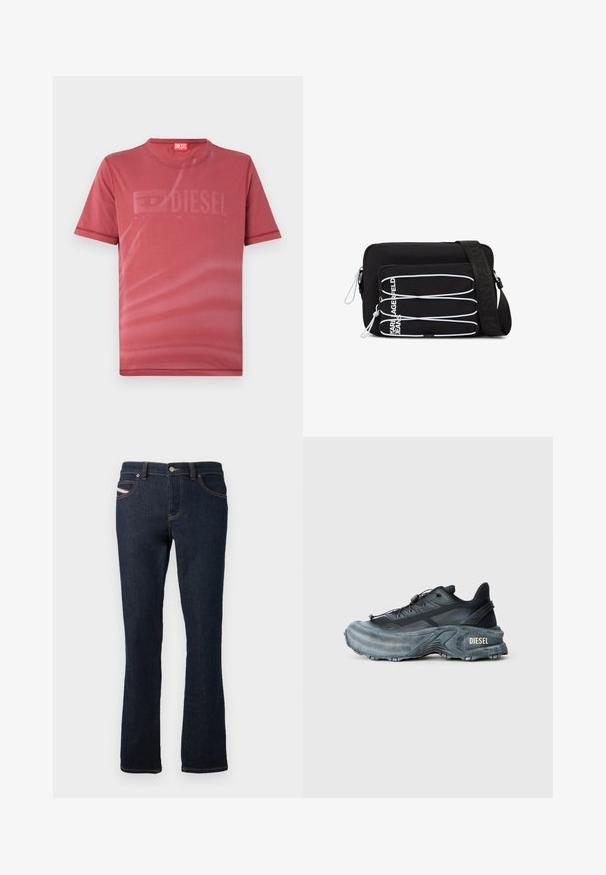 Camiseta corta roja de manga corta hecha de una tela suave que presenta un sutil logotipo "DIESEL" en relieve en el frente. Escote redondo y dobladillos cosidos.; Jeans de mezclilla azul marino con corte recto, con costuras naranjas, cierre de botón metálico y un pequeño logo en el bolsillo trasero.; Zapatilla Diesel en negro y gris con suela gruesa, cierre de cordón y diseño texturizado sobre un fondo liso de color gris claro.; Bolso bandolera negro con cuerdas elásticas blancas en el bolsillo frontal y correa ajustable con el texto "JEANS" en relieve.
