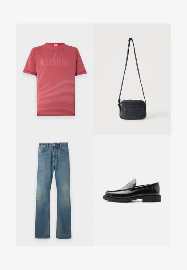 Camiseta corta roja de manga corta hecha de una tela suave que presenta un sutil logotipo "DIESEL" en relieve en el frente. Escote redondo y dobladillos cosidos.; Jeans de mezclilla azul con un diseño de pierna recta, que presentan un ligero desvanecimiento, bolsillos frontales y un cierre de botón en la cintura.; Mocasín de cuero negro con suela de goma gruesa, empeine cosido y nombre de la marca en relieve en el talón, mostrado en perfil lateral sobre fondo blanco.; Bolso bandolera negro con un bolsillo frontal con cremallera, superficie texturizada y correa ajustable colgado sobre un fondo claro y liso.