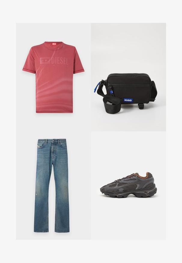 Camiseta corta roja de manga corta hecha de una tela suave que presenta un sutil logotipo "DIESEL" en relieve en el frente. Escote redondo y dobladillos cosidos.; Jeans de mezclilla azul con un diseño de pierna recta, que presentan un ligero desvanecimiento, bolsillos frontales y un cierre de botón en la cintura.; Zapatillas Lacoste en gris oscuro con material de malla y sintético, que cuentan con una suela texturizada y detalles en marrón en el cuello y la marca.; Bolso cruzado de tela negra con cierre de cremallera, parche de logo azul, correa ajustable y superficie texturizada. Diseño rectangular compacto.