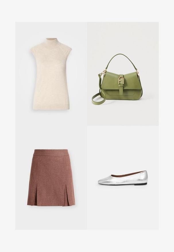 Beige højhalset ærmeløs top, lavet af blød, tekstureret stof. Har raglan-skulder og en tætsiddende silhuet. Velegnet til lagdelte outfits.; Knælængt brun nederdel med en lige linning og forreste plisseringer på hver side, lavet af blødt tekstureret stof.; Sølvmetallic balletflad med rund tå, glat tekstur og en lav, sort gummisål. Simpelt design uden udsmykninger.; Grøn læder crossbody-taske med et struktureret design, guldfarvet hardware, fold-over klap og justerbar rem. Har en central spænde-detalje.