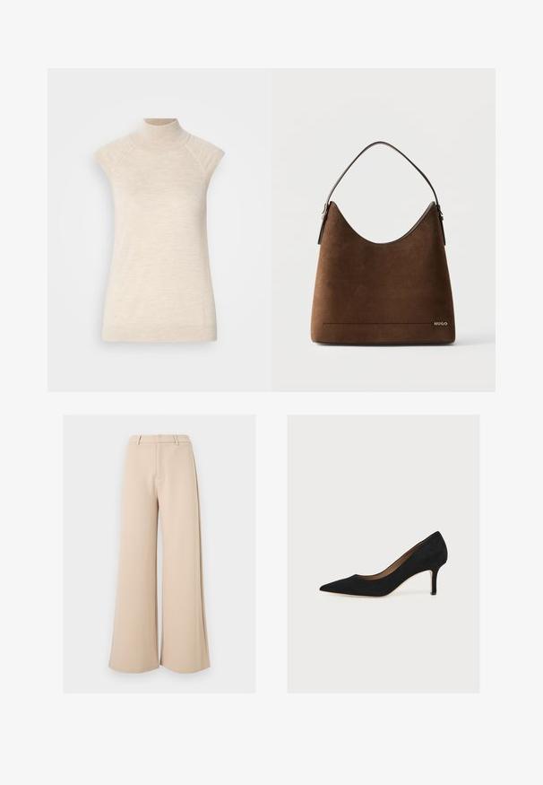 Beige hooggesloten mouwloze top, gemaakt van zachte, gestructureerde stof. Beschikt over raglan-schouderpassen en een getailleerde pasvorm. Geschikt voor gelaagde outfits.; Beige wijde broek met hoge taille, riemlussen en een verborgen sluiting aan de voorkant, op een witte achtergrond.; Zwarte suède pump met puntige neus, middenhoge naaldhak en tan binnenzool op een lichte achtergrond.; Bruine suède handtas met een enkele band, gebogen bovenrand en klein metalen "HUGO" logo aan de rechteronderkant aan de voorkant.