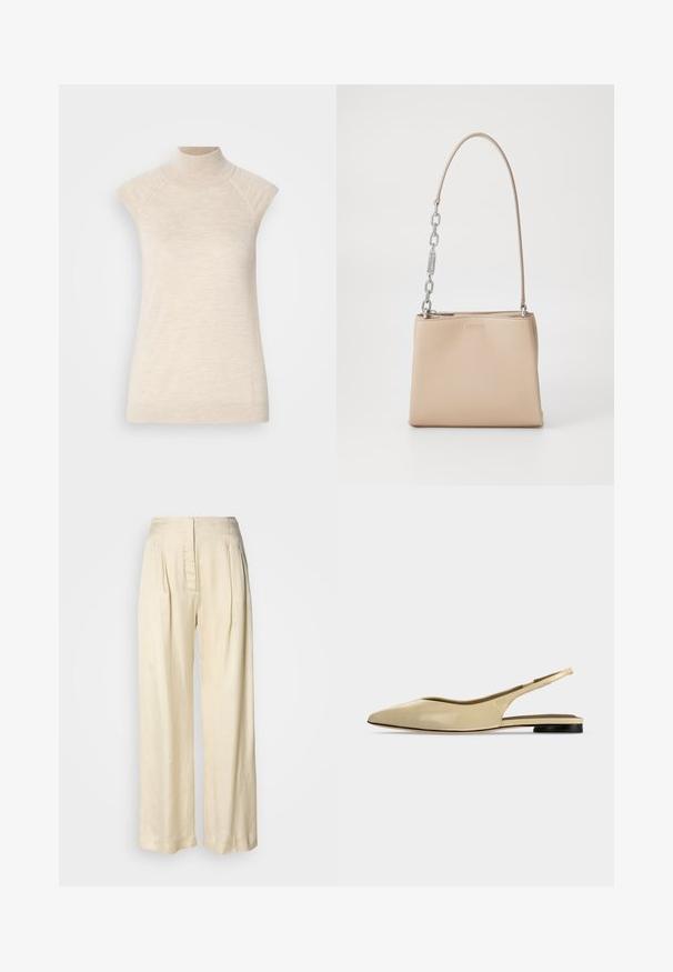 Beige, ärmelloses Top mit hohem Kragen, aus weichem, strukturiertem Stoff. Verfügt über Raglanärmel und eine taillierte Silhouette. Eignet sich gut für Schichtlooks.; Hohe Taille, cremefarbene Seidenhose mit Falten, weitem Bein und einem versteckten Reißverschluss vorne vor schlichtem weißem Hintergrund.; Beiger Slingback-Ballerina mit spitzer Kappe, niedrigem schwarzem Absatz und glattem Lederfinish, seitlich auf einfarbigem Hintergrund gezeigt.; Beige Lederhandtasche mit glatter Textur, ausgestattet mit einem silbernen Kettenakzent am Griff und einem Reißverschluss. "HUGO" ist auf der Vorderseite geprägt.
