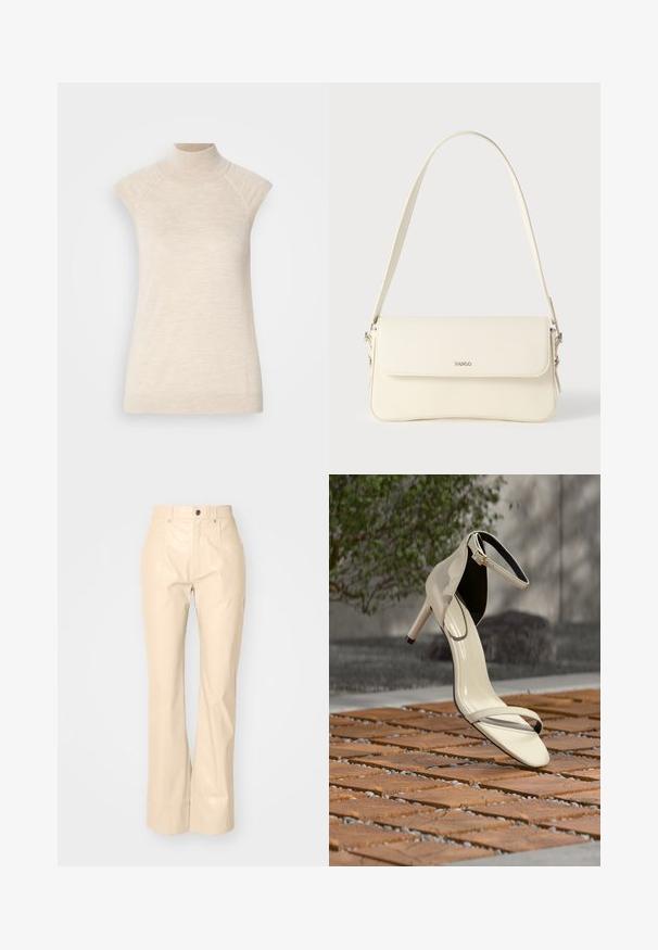 Top sin mangas de cuello alto en color beige, fabricado en un suave tejido texturizado. Presenta hombros raglán y una silueta ajustada. Adecuado para combinaciones en capas.; Pantalones acampanados de imitación de cuero beige con una textura suave, que cuentan con bolsillos frontales, cierre de botón y un acabado ligeramente brillante.; Sandalia de tacón alto beige con correa en el tobillo, sobre listones de madera al aire libre, con fondo desenfocado de vegetación y concreto.; Bolso de hombro de cuero color crema con cierre de solapa, herrajes plateados, una sola correa ajustable y detalles sutiles con el logo.