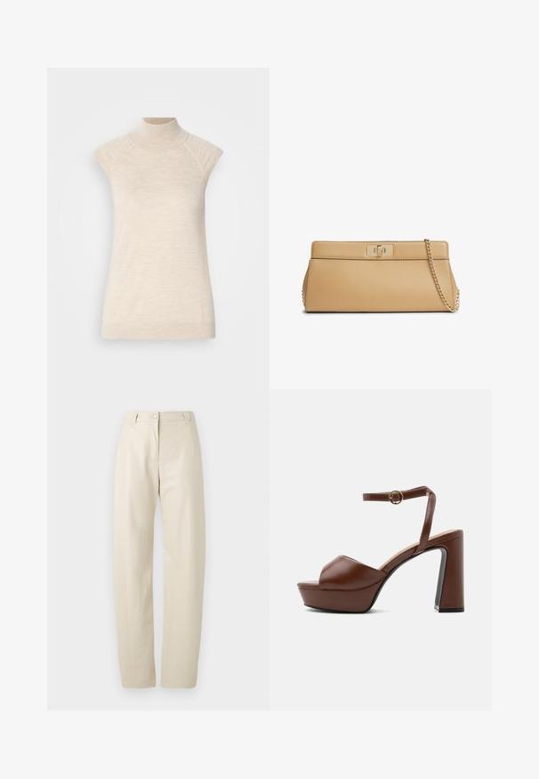 Beige, ärmelloses Top mit hohem Kragen, aus weichem, strukturiertem Stoff. Verfügt über Raglanärmel und eine taillierte Silhouette. Eignet sich gut für Schichtlooks.; Beige gerade geschnittene Hose mit Knopf- und Reißverschluss, Gürtelschlaufen und Seitentaschen auf weißem Hintergrund.; Braune Leder-Plateausandale mit dickem, hohem Absatz, offenem Zehenbereich und verstellbarem Knöchelriemen mit goldener Schnalle, von der Seite gezeigt.; Rechteckige Clutch aus cognacfarbenem Leder mit goldfarbenem Kettenriemen und Drehverschluss auf weißem Hintergrund.