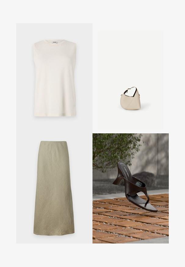 Top sin mangas de tejido beige claro, con cuello redondo y un corte relajado. Textura suave sin adornos ni patrones.; Falda en línea A hasta la rodilla de suave tela verde oliva con una textura sutil y sin cierres ni adornos visibles.; Sandalia de tiras con tacón marrón de Calvin Klein suspendida sobre suelo exterior de loseta de madera y grava, con fondo desenfocado de vegetación y piedras.; Bolso de cuero beige en forma de media luna con una sola correa para el hombro y costuras mínimas, colocado sobre un fondo blanco liso.