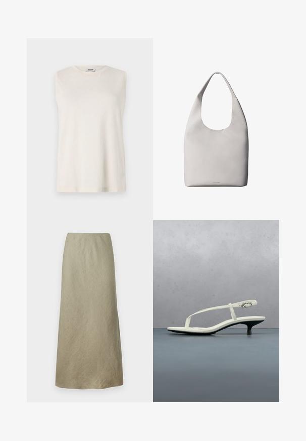Top sin mangas de tejido beige claro, con cuello redondo y un corte relajado. Textura suave sin adornos ni patrones.; Falda en línea A hasta la rodilla de suave tela verde oliva con una textura sutil y sin cierres ni adornos visibles.; Sandalia blanca de tacón kitten con tiras y punta afilada, flotando sobre un suelo de baldosas de madera al aire libre, con un fondo desenfocado de plantas y pared.; Bolso tote de cuero blanco con una sola correa para el hombro, textura suave y logo discreto de Calvin Klein cerca del centro inferior.