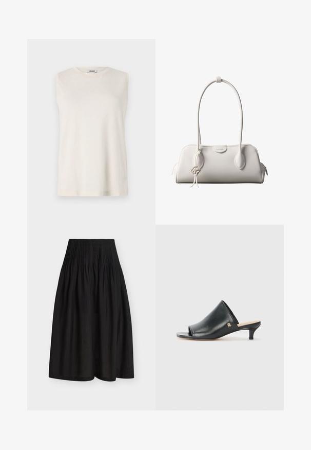 Top sin mangas de tejido beige claro, con cuello redondo y un corte relajado. Textura suave sin adornos ni patrones.; Falda midi negra con cintura alta y ancha fruncida y tela fluida y recogida debajo de la cintura.; Mules de cuero negro de punta abierta con un tacón bajo. Presentan una superficie lisa y un acento del logo dorado en el costado.; Bolso de hombro blanco de Calvin Klein con asas largas, forma rectangular, cierre de cremallera y charm decorativo con el logo colgando cerca del asa.