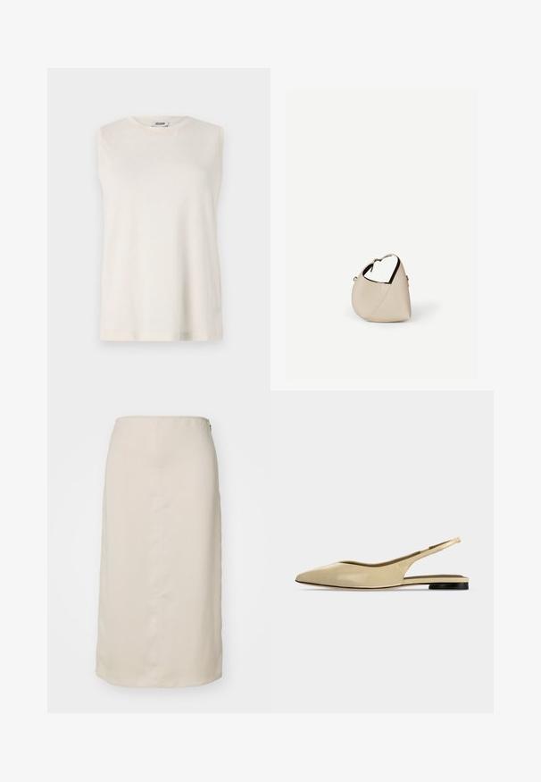Top sin mangas de tejido beige claro, con cuello redondo y un corte relajado. Textura suave sin adornos ni patrones.; Falda lápiz beige con una textura suave, diseño a la altura de la rodilla y un cierre con cremallera oculta en la parte trasera. Estilo minimalista, sin patrones.; Zapato plano beige con puntera puntiaguda, diseño slingback, tacón bajo negro y acabado en cuero liso, mostrado de perfil sobre un fondo liso.; Bolso de cuero beige en forma de media luna con una sola correa para el hombro y costuras mínimas, colocado sobre un fondo blanco liso.