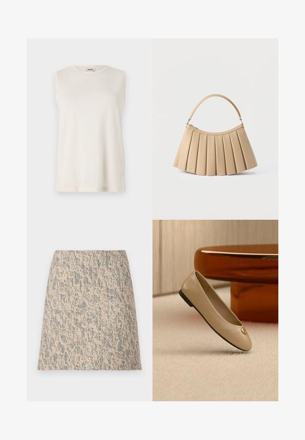 Top sans manches en tissu beige clair, avec un col rond et une coupe décontractée. Texture lisse sans embellissements ni motifs.; Mini-jupe en tissu tissé beige et gris avec une forme évasée en A et un motif irrégulier subtil.; Ballerine beige en cuir avec semelle noire et emblème doré sur l’orteil, positionnée sur un tapis crème à côté d’un meuble arrondi couleur ambre.; Sac à main plissé beige avec fermeture éclair incurvée en haut et poignée arquée simple, présenté sur un fond blanc.