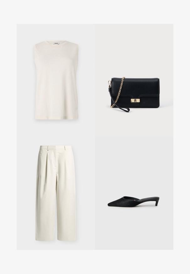 Top sin mangas de tejido beige claro, con cuello redondo y un corte relajado. Textura suave sin adornos ni patrones.; Pantalones de pierna ancha color crema con trabillas para cinturón y pliegues delanteros sobre un fondo liso y claro.; Mules de ante negro con puntera afilada y tacón bajo. Presentan una textura suave y una parte trasera abierta para facilitar su uso. Diseño sencillo sin patrones.; Bolso de mano de cuero negro con un cierre y cadena en tono dorado. Diseño compacto con una textura suave y un detalle mínimo.