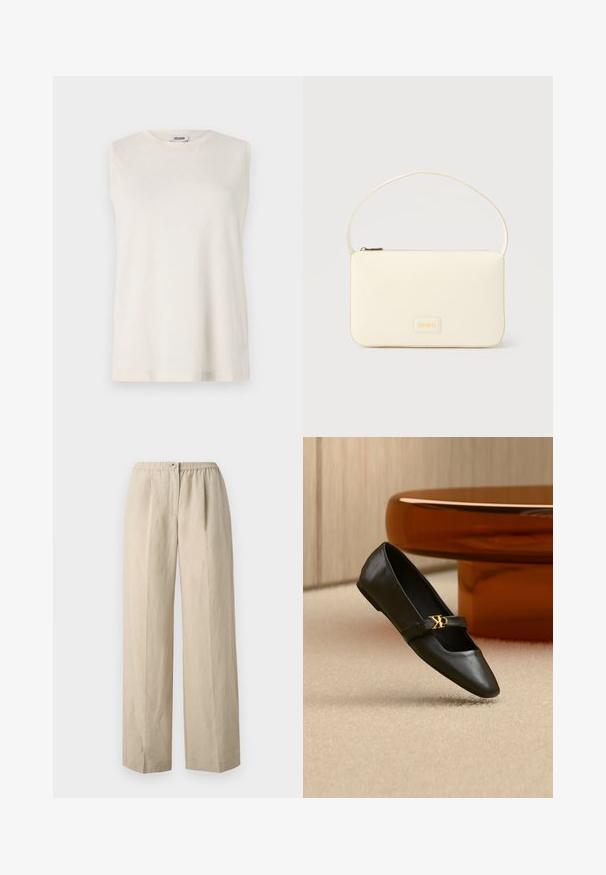 Top sans manches en tissu beige clair, avec un col rond et une coupe décontractée. Texture lisse sans embellissements ni motifs.; Pantalons larges beiges en tissu doux avec une taille élastique froncée et une fermeture à bouton à l'avant. Texture lisse avec des plis.; Chaussure plate en cuir noir avec bout pointu et logo CK doré sur la bride, posée sur un tapis beige près d'une table ronde couleur ambre brun.; Sac à main rectangulaire de couleur crème avec une seule sangle et une fermeture éclair sur le dessus, comportant une petite plaque de logo embossé à l'avant.
