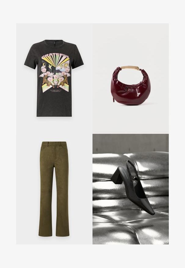 Sort bomulds t-shirt med et farverigt grafisk design med tigre, blomster og geometriske former. Teksten "GRATEFUL" er fremtrædende.; Oliven grøn ruskinds lige ben bukser med bælteløkker, frontlommer og en baglomme på hvid baggrund.; Sort slingback-hæl med spids tå, der har en tekstureret overflade og en chunky blokhæl. Lagt mod en skinnende, metallisk baggrund.; Bordeaux farvet faux læder handbag med en afrundet form, samling detaljer og et guldtonet metalhåndtag. Glat tekstur og blank finish.
