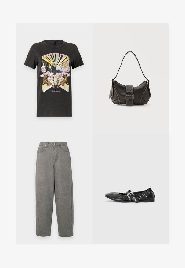 Sort bomulds t-shirt med et farverigt grafisk design med tigre, blomster og geometriske former. Teksten "GRATEFUL" er fremtrædende.; Grå denimbukser med en afslappet pasform, høj talje, fem-lommers design og subtil falmning. Har lynlåsgylp og metalknaplukning.; Sorte læder flade sko med spids tå, samling detaljer omkring åbningen, og en sølv spænde accent på den justerbare rem.; Sort læder skuldertaske med spænde på remmen, afrundede kanter og kontrasterende hvide syninger på en ensfarvet baggrund.