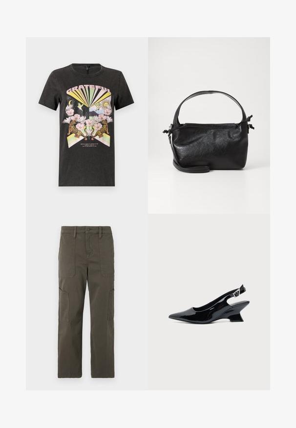 Sort bomulds t-shirt med et farverigt grafisk design med tigre, blomster og geometriske former. Teksten "GRATEFUL" er fremtrædende.; Good American CROPPED PANTS - Cargobukser - fatigue; Sort laklæder slingback sko med spids tå og lav vinklet blokhæl på ensartet lys baggrund.; Sort læderhåndtaske med et struktureret design, rund tophåndtag og aftagelig skulderrem. Den har en glat tekstur og en subtil glans.