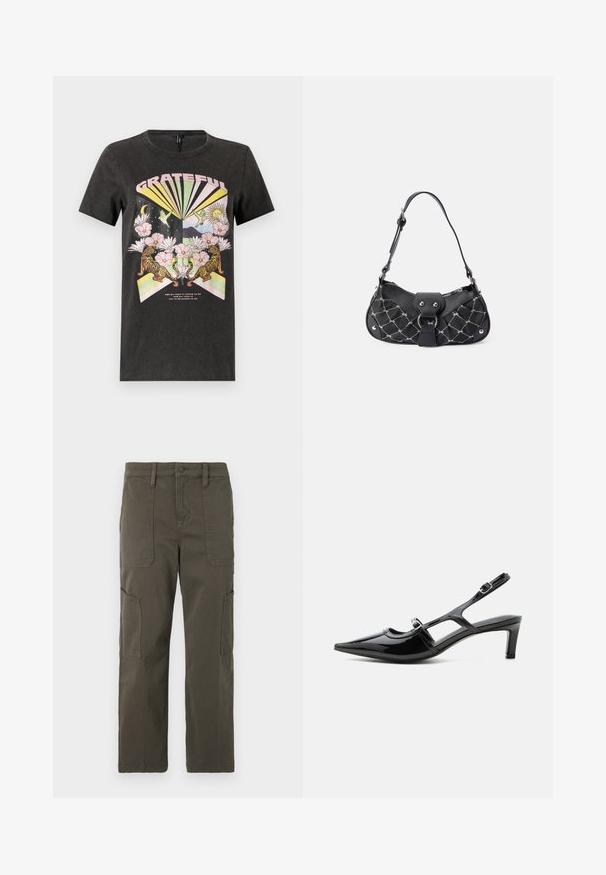 Zwarte katoenen T-shirt met een kleurrafische print van tijgers, bloemen en geometrische vormen. De tekst "GRATEFUL" staat prominent weergegeven.; Good American CROPPED PANTS - Cargobroek - fatigue; Zwarte lakleren slingback schoen met een spits toelopende neus, lage hak en twee verstelbare gespen, zijaanzicht.; Zwarte handtas met een gekruist textuur, voorzien van zilveren hardware, een gebogen vorm en een enkele verstelbare hengsel. Ritssluiting aan de bovenkant.