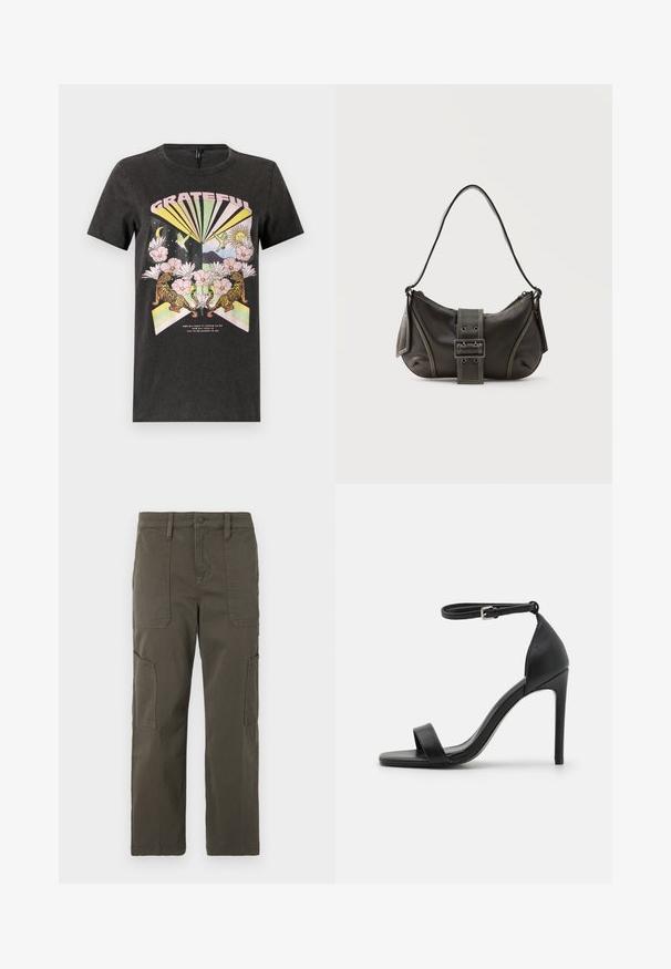 Sort bomulds t-shirt med et farverigt grafisk design med tigre, blomster og geometriske former. Teksten "GRATEFUL" er fremtrædende.; Good American CROPPED PANTS - Cargobukser - fatigue; Sort højhælet sandal med et sleek design, der har en ankelrem, åben tå og glat lædertekstur.; Sort læder skuldertaske med spænde på remmen, afrundede kanter og kontrasterende hvide syninger på en ensfarvet baggrund.