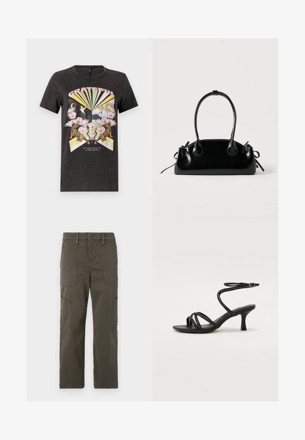Sort bomulds t-shirt med et farverigt grafisk design med tigre, blomster og geometriske former. Teksten "GRATEFUL" er fremtrædende.; Good American CROPPED PANTS - Cargobukser - fatigue; Even&Odd Wide Fit by Zalando Sandaler - black; Lille sort blank håndtaske med to lange håndtag og snøre-detaljer i siden på en ensfarvet lys baggrund.