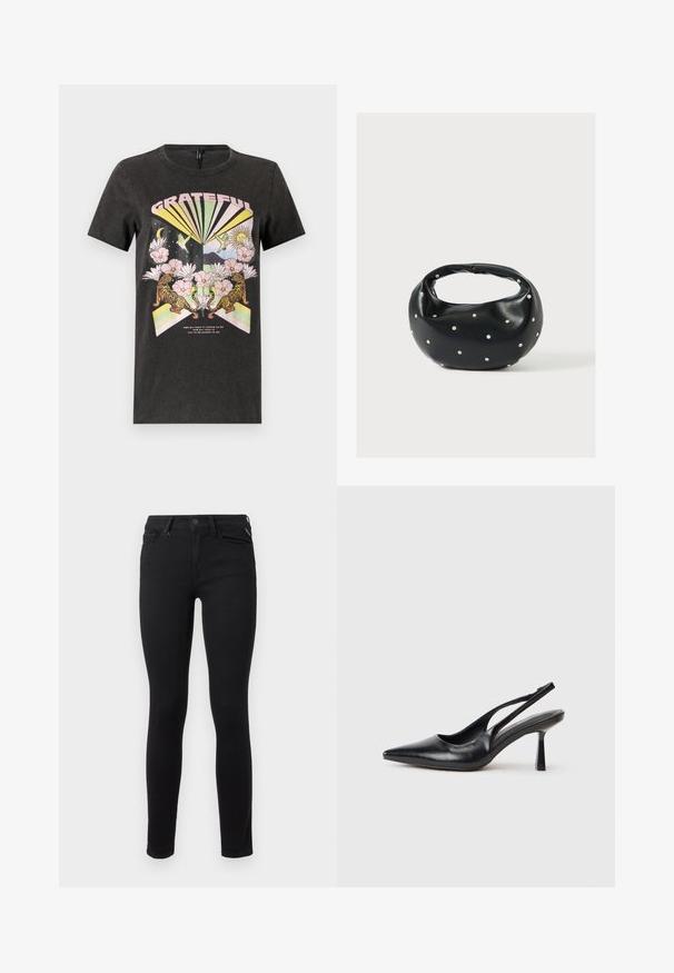 Sort bomulds t-shirt med et farverigt grafisk design med tigre, blomster og geometriske former. Teksten "GRATEFUL" er fremtrædende.; Sorte skinny jeans lavet af stræk denim. Har et klassisk fem-lomme design og standard metalknaplukning i taljen.; Sort læderslagback højhælet sko med spids tå og slank hæl på en hvid baggrund.; Sort læderhåndtaske med en rundet form, dekoreret med sølvnitter, og et kort håndtag. Glat tekstur og lynlåslukning.