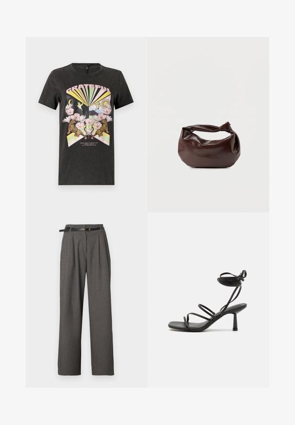 Zwarte katoenen T-shirt met een kleurrafische print van tijgers, bloemen en geometrische vormen. De tekst "GRATEFUL" staat prominent weergegeven.; Grijze pantalon met hoge taille, plooien en zijzakken, gestyled met een dunne zwarte riem met een ronde gouden gesp.; Zwarte bandjes sandaal met een vierkante neus, verstelbare enkelbandjes en een slanke blokhak. Gemaakt van een glad, duurzaam materiaal.; Donkerbruine leren schoudertas met een zachte, slungelige vorm en een gedraaide knoopvormige handgreep op een effen witte achtergrond.