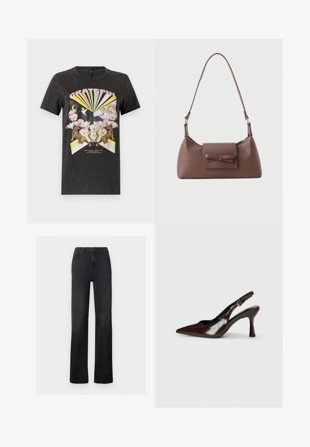 Sort bomulds t-shirt med et farverigt grafisk design med tigre, blomster og geometriske former. Teksten "GRATEFUL" er fremtrædende.; Sorte denim straight-leg jeans med høj talje, fem-lomme design og synlig syning. Glat tekstur med en let falmet finish.; Brune patenterede læderslingback-sandaletter med spids tå, en tynd hæl og justerbar rem med en lille spænde.; Brun skuldertaske i læder med en frontlomme med klap, der har en sydd sløjfedetalje, og en justerbar rem.