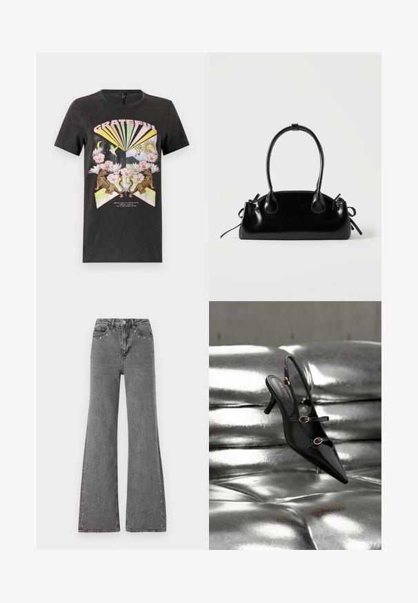 Sort bomulds t-shirt med et farverigt grafisk design med tigre, blomster og geometriske former. Teksten "GRATEFUL" er fremtrædende.; Bredde ben jeans i grå denim med høj talje, frontlommer og dekorative nitter langs sidesømmene. Glat tekstur.; Sort spids tå slingback-hæl med to gyldne spænder, der hviler på en blank sølvpolstret overflade.; Lille sort blank håndtaske med to lange håndtag og snøre-detaljer i siden på en ensfarvet lys baggrund.