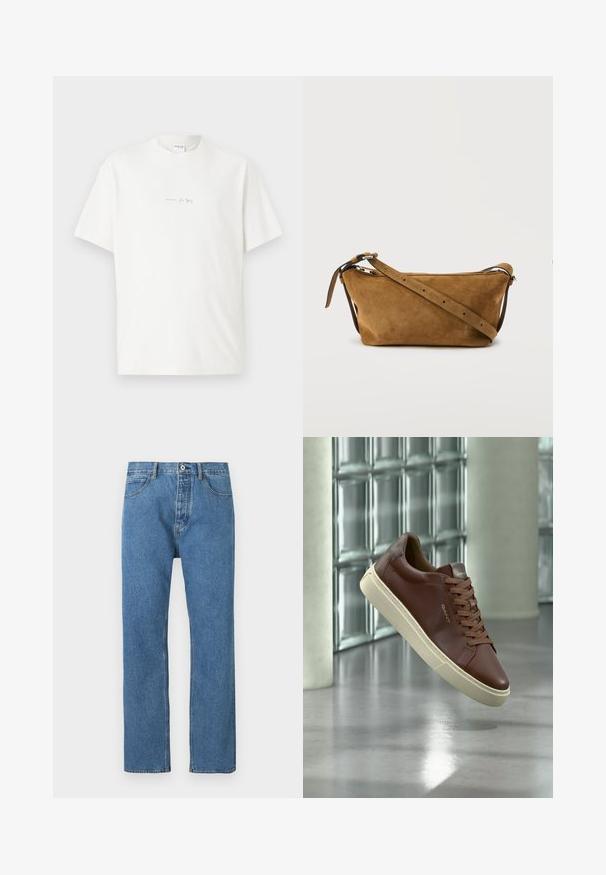 Hvid bomulds T-shirt med rund hals, korte ærmer og et lille trykt logo på forsiden. Glat tekstur og afslappet pasform.; Lyseblå denimjeans med lige snit, fem lommer, knaplukning og subtile syningsdetaljer langs sømmene.; Brun lædersneaker med beige sål og snørebånd, der viser "GANT"-logo, placeret over en reflekterende grå gulv med glasblokvæg i baggrunden.; Brun ruskind skuldertaske med justerbar rem og lynlås, sat mod en ensfarvet hvid baggrund.