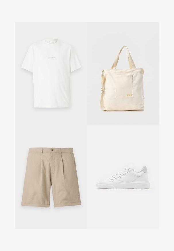 Weißes Baumwoll-T-Shirt mit Rundhalsausschnitt, kurzen Ärmeln und einem kleinen Logo-Aufdruck auf der Vorderseite. Glatte Textur und lässige Passform.; Beige Leinen-Shorts mit geradem Schnitt, vorn mit Abnähern, Knopfverschluss und Umschlag am Saum. Glatte Textur mit minimalistischem Design.; Weiße Leder-Sneaker mit glatter Oberfläche, rundem Zehenbereich, flachen Schnürsenkeln und strukturiertem Schuhsohlen. Graues Wildleder-Detail an der Ferse.; Beige Canvas-Shopper mit Fronttasche, zwei Griffen, verstellbarem Schulterriemen und kleinem gelbem "O.N.S"-Text unten rechts auf der Tasche.