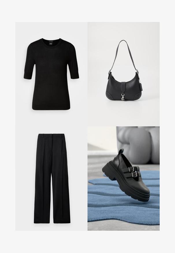 Lyhyet hihat, musta villapaita, joka on valmistettu hienosta merinovillasta. Pyöreä pääntie, slim fit -malli, sileä rakenne, minimalistinen muotoilu, ei näkyviä kuvioita tai yksityiskohtia.; Mustat leveät housut, joissa on sileä pinta, etuosassa taitteet ja klassinen vyötärö. Ei näkyviä metalliosia tai kuvioita.; Mustat nahkakengät, joissa on paksu korokepohja, kaksoissolkiyksityiskohdat ja pyöreä kärki, asetettu teksturoidulle siniselle matolle.; Musta nahkakäsilaukku, jossa on kaareva muoto, yläkahva, hopeiset yksityiskohdat ja kontrastivärinen ommel. Mukana etuosassa hihna ja ompelukoristeet.