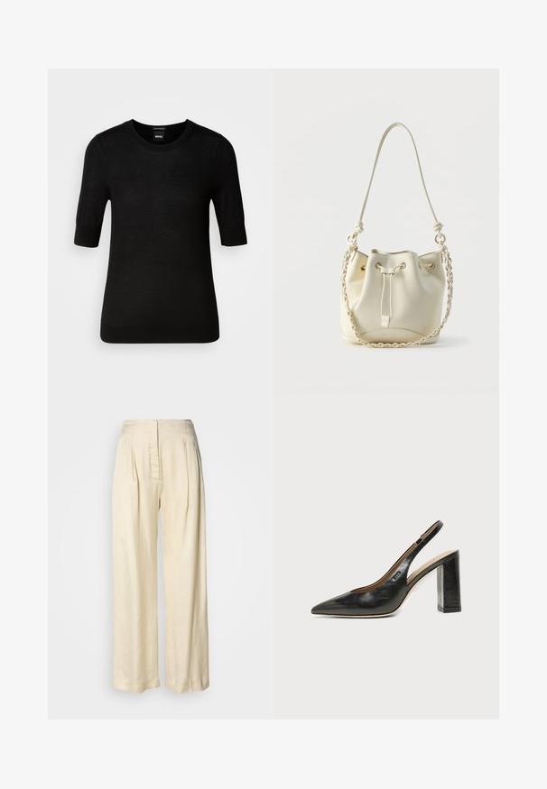 Pull noir à manches courtes en laine mérino fine. Encolure ronde, coupe ajustée, texture lisse, design minimal, sans motifs ni accents visibles.; Pantalon en soie crème taille haute avec plis, jambes larges et fermeture éclair avant dissimulée sur un fond blanc uni.; Chaussure slingback en cuir noir à bout pointu avec un talon bloc haut et une doublure intérieure beige sur un fond clair uni.; Sac seau en cuir crème avec fermeture à cordon, chaîne tressée et bandoulière en cuir, ainsi que des œillets dorés.