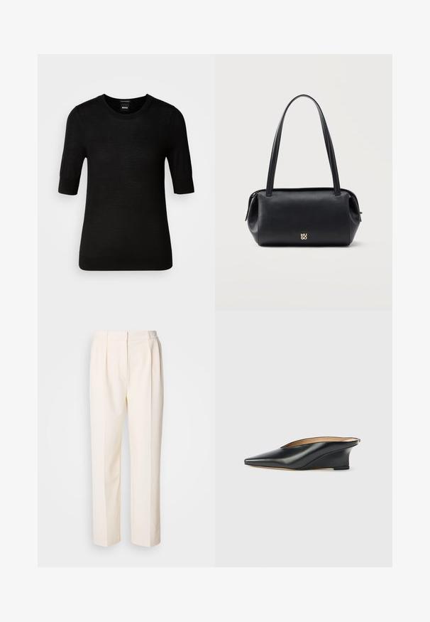 Suéter negro de manga corta hecho de fina lana merina. Cuello redondo, corte ajustado, textura suave, diseño minimalista, sin patrones o acentos visibles.; Lacoste Pantalones - lapland; Zapato cuña de charol negro con punta puntiaguda y talón descubierto, con un diseño elegante y curvado de estilo minimalista.; Bolso de hombro rectangular de piel negra con correas largas y pequeño logo dorado "HUGO" en el centro delantero.