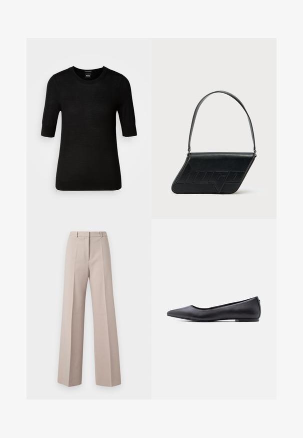 Sort T-shirt med korte ærmer lavet af fin merinould. Rund halsudskæring, slim fit, glat tekstur, minimalt design, ingen synlige mønstre eller accenter.; Beige vide bukser lavet af et glat stof, med høj talje, forkantede folder og en skræddersyet silhuet.; Sort flad lædersko med spidst tåparti og lav hæl, vist i sideprofil mod en hvid baggrund.; Sort skuldertaske i læder med trekantet form, præget logo og en enkelt justerbar rem. Minimalistisk design med glat tekstur.