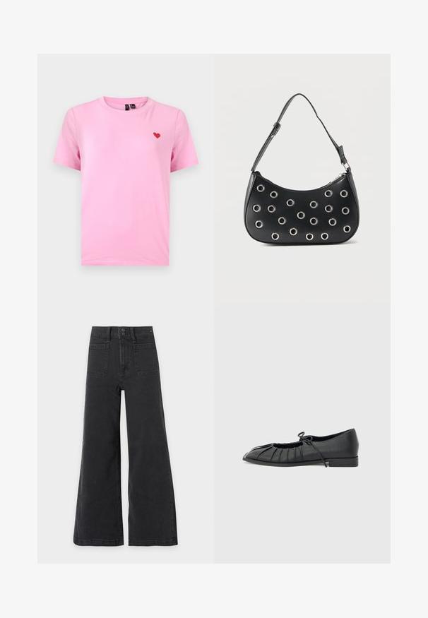 T-shirt rose à manches courtes avec col rond, portant un petit cœur rouge brodé sur le côté gauche de la poitrine.; Jean noir taille haute à jambes larges avec poches plaquées devant et fermeture à double bouton.; Chaussure plate noire avec design plissé à l'avant et un nœud noué sur le dessus, petit talon, et texture lisse sur un fond gris clair.; Sac d'épaule en cuir noir avec bandoulière réglable, orné d'œillets en métal argenté et fermeture éclair supérieure.