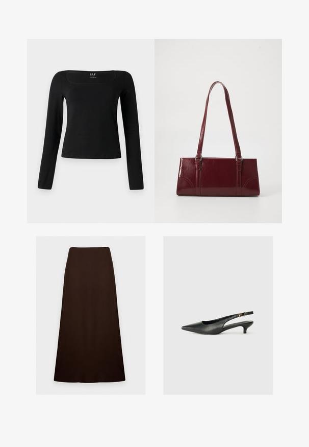 Top de manga larga negro con escote cuadrado, hecho de un tejido suave, con un diseño ajustado y un dobladillo recto. Etiqueta visible en el interior del escote.; Falda marrón oscuro, hasta el tobillo, en línea A con textura lisa y uniforme y cintura ajustada sobre un fondo blanco liso.; Zapato de tacón slingback negro de punta afilada, hecho de cuero suave. Presenta un tacón delgado y un detalle de hebilla en la correa ajustable.; Bolso burdeos hecho de material brillante, de forma rectangular, con dos asas para el hombro y sutiles acentos curvados en la parte frontal.