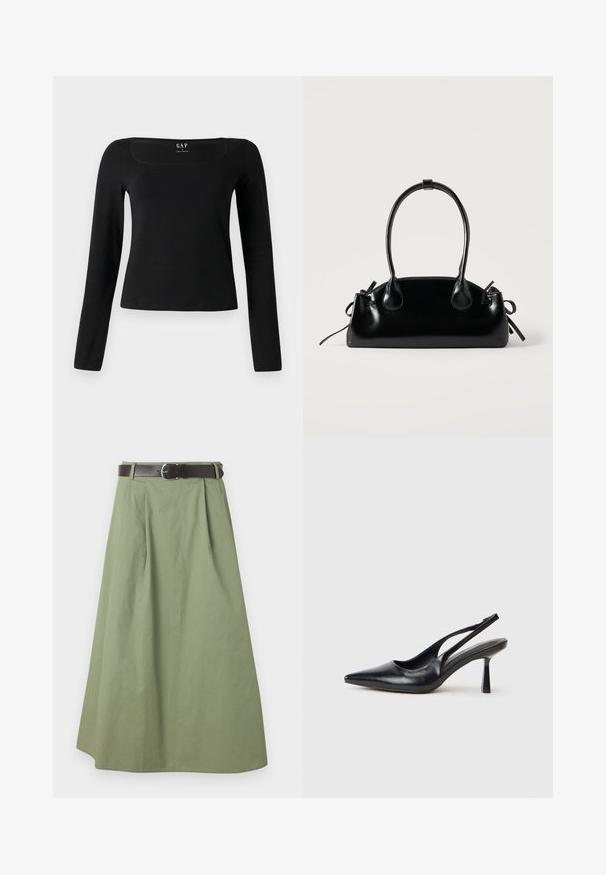 Haut noir à manches longues avec un décolleté carré, en tissu lisse, présentant un design ajusté et un ourlet droit. Étiquette visible à l'intérieur du décolleté.; Jupe longue vert olive clair avec des plis et une ceinture marron foncé à boucle argentée à la taille.; Chaussure à talon haut en cuir noir, à bride arrière, avec un bout pointu et un talon fin sur fond blanc.; Petit sac à main noir brillant avec deux longues anses et des détails à cordon sur les côtés sur un fond clair uni.