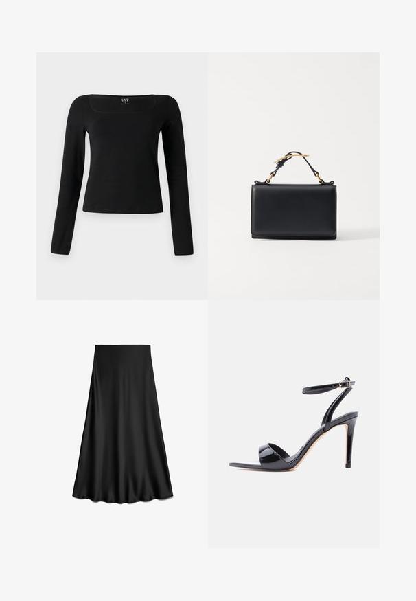 Top de manga larga negro con escote cuadrado, hecho de un tejido suave, con un diseño ajustado y un dobladillo recto. Etiqueta visible en el interior del escote.; Falda negra de satén en línea A con textura suave y dobladillo fluido, hasta la rodilla, mostrada sobre un fondo blanco.; Sandalia de tacón alto de charol negro con punta abierta, tira en el tobillo y cierre de hebilla, mostrada de perfil sobre un fondo blanco.; Bolso de mano de cuero negro con forma rectangular, que cuenta con un asa superior y acentos en hardware dorado. Textura suave, diseño minimalista.